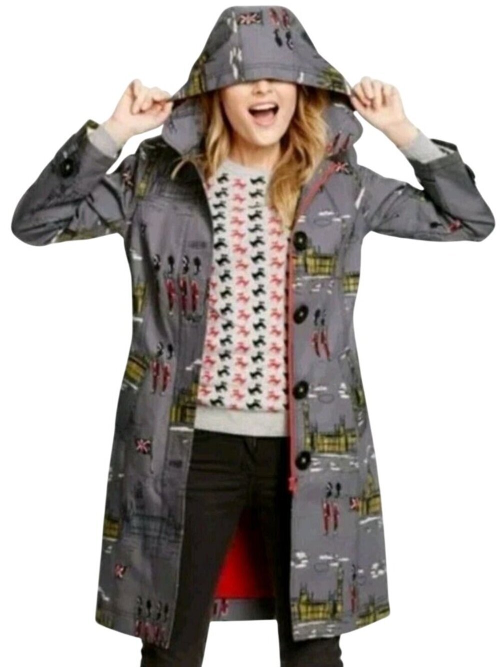 Boden Rainy Day Mac Coat Westminster London Print Lined Detachable Hood Size 4R